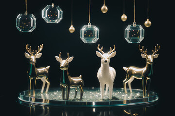 Glass decorative deer figures on a round plate. Glass and gold spheres hang from above. New year, Christmas decoration. On black background