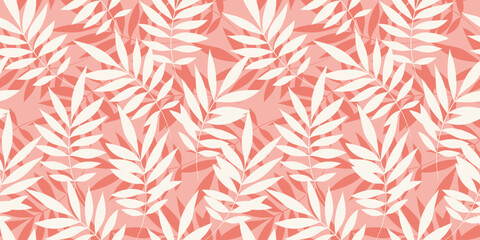 Wall Mural - Leaves Seamless Vector Pattern. Watercolor Tropic Palm Leaves Background, Pink Jungle Print