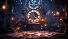 Fantasy Landscape With Ancient Clock At Night. 3D Illustration.