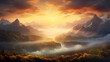 The ethereal beauty of a fantastic dreamy sunrise on a rocky mountain, with the sun's golden glow creating a magical ambiance and unveiling a breathtaking view into a mist-covered valley