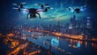 A police drone conducting surveillance over a vibrant cityscape, capturing the dynamic rhythm of life from a bird's-eye view