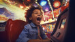 A childs joyous reaction to winning a carnival game.