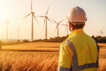 Engineer working at alternative renewable wind energy farm, Clean energy concept.