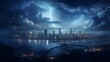 Storm over the city at night. Panoramic view of the city.