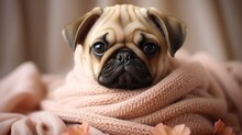 Cute Small Pug In A Peach-colored Scarf Against A Background Of Cream-colored Silk Fabric, Banner, Copy Space