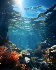 Wall Mural - Underwater view of the coral reef and fish. 3d rendering