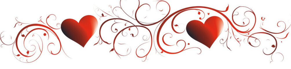 Elegant calligraphic ornament of two swirling red hearts and curly lines, Valentine's Day, on a white background