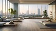 modern living room with panoramic window view of the city 3d rendering