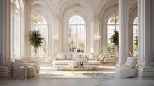 Luxury Living Room With Big Windows And White Sofa. 3d Rendering