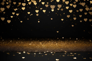 Valentine's day concept background with golden foil hearts confetti on black background. Wedding invitation, gift packages cover template.