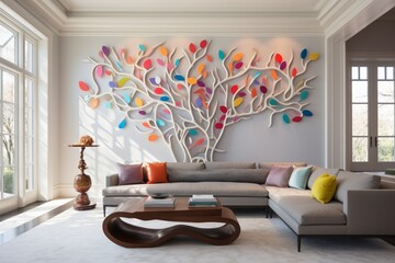 Wall Mural - Contemporary living room with a 3D intricate colorful tree pattern on the wall and a minimalist, sculptural coffee table.