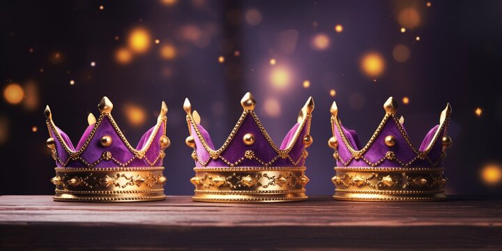 Epiphany Day or Dia de Reyes Magos concept. Three gold crowns on black background with golden particles.