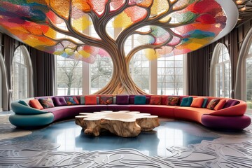 Wall Mural - Luxury living room with a 3D intricate colorful tree pattern on the wall, featuring a large, circular conversation pit.