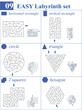Set of 6 labyrinths in different shapes: vertical and horizontal rectangle, circle, triangle, two squares, hexagon. High quality simple mazes for children and family with solutions