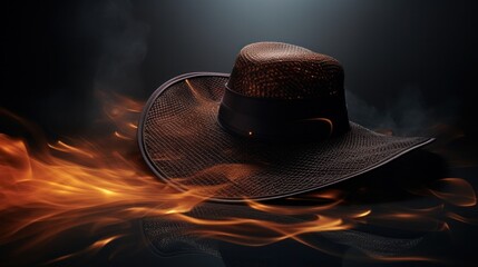 Canvas Print - A hat on fire with a black background and some flames, AI