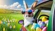 cute easter bunny with sunglasses looking out of a car filed with easter eggs generative ai