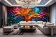 Modern luxury living room featuring a 3D intricate colorful tree pattern on the wall and a high-tech sound system.