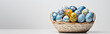 Painted easter eggs closeup inside a basket with copy space on a white background