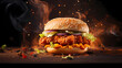 Fresh crispy fried chicken burger sandwich with flying ingredients and spices hot ready to serve and eat food commercial advertisement menu banner with copy space area - Generated by Generative AI	
