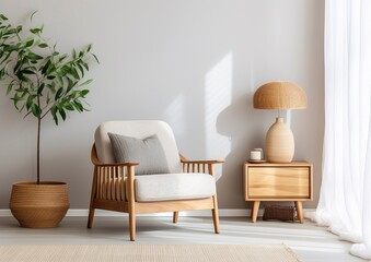 An upholstered lounger and a wooden corner table, an elegant duo set against a blank canvas.