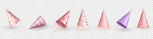 Three Dimensional Realistic Pastel Pink And Purple Birthday Hats Or Party Paper Caps In Cone Shape With  Different Patterns, Colorful Ribbons And Bows. 3d Party Hats For Celebration Event, Anniversary