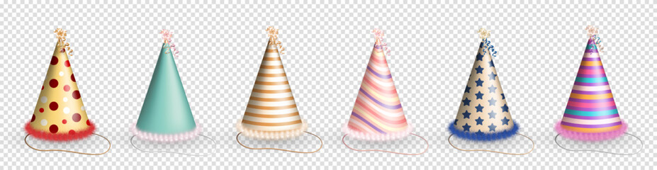 Collection of 7 realistic colorful birthday hats or party paper caps in cone shape with ribbons, serpentine and fluffy fur. Various party hats with multicolored patterns for celebration, anniversary