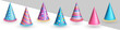© Qeeraw - Collection of three dimensional realistic bright colorful birthday hats or party paper caps in cone shape with fluffy fur. Purple, blue and pink party hats clipart for celebration event, anniversary