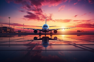 Plane landing at the airport at sunset with passengers and tourists returning from vacation