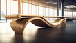 A curved wooden bench modernized the airport's interior.