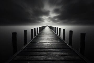 Wall Mural -  a black and white photo of a dock in the middle of a body of water with dark clouds in the sky and the end of the dock in the foreground.