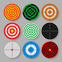 Wall Mural - Shooting range paper targets. Round target with divisions, marks and numbers. Archery, gun shooting practise and training, sport competition and hunting. Bullseye and aim. Vector illustration