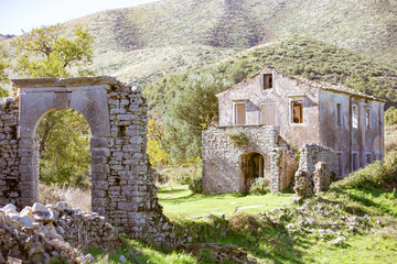 Old Perithia, Corfu's oldest village, incredible ruins of stone build houses, close to Mount Pantokrator, abandoned village of Sinies. Greece.