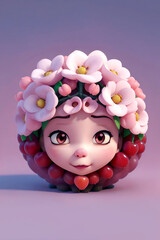 cute girl character designed with round flowers and fruits frame