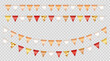 Collection of 4 realistic party flags, bunting on transparent background. Set of 3d multicolored  pennants, seamless festive triangle garlands with pattern for birthday celebration, festival, carnival