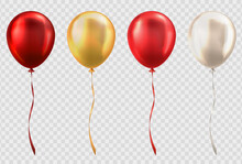3d Realistic Glossy Dark And Light Red, Golden And Beige Balloons On Transparent Background. Colorful Three Dimensional Shiny Helium Balloons With Ribbons For Party, Birthday, Anniversary, Wedding
