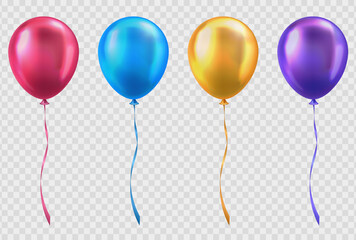 Wall Mural - Set of 3d realistic glossy blue, pink, yellow and purple balloons with string on transparent background. Colorful three dimensional shiny helium balloons for party, birthday, anniversary, wedding