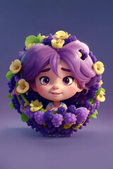 cute girl character designed with round flowers and fruits frame