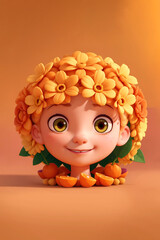 cute girl character designed with round flowers and fruits frame