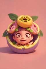 cute girl character designed with round flowers and fruits frame