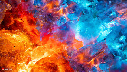 Wall Mural - Selective focus colorful abstract cold ice pieces melting in hot fire flame, blue red display background, global warming concept
