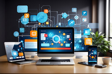 Wall Mural - creation of responsiv internet website for multiple platforms. building mobile interface on screen o