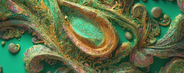 a green and gold abstract painting