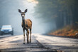 Wild animal on asphalt road in foggy morning, dangerous situation for driver on the road. Deer crossing car road near forest
