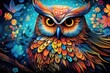 colorful owl in the night with open eyes on blue fantastic background
