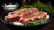  a black plate topped with raw meat next to a bowl of sea salt and a sprig of green leafy sprig of rosemary on top of sea salt.