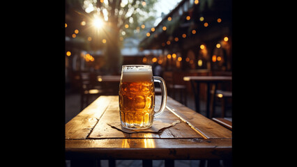 real photograph of a MUG OF CHOPP on a restaurant table, daylight