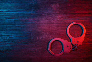 Police inspector handcuffs on the black table flat lay background. Top view. Security.