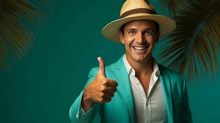 Wall Mural - Cheerful Adult Wearing a Hat, Smiling and Gesturing Towards the Camera. Front view portrait of a happy person gesturing thumbs