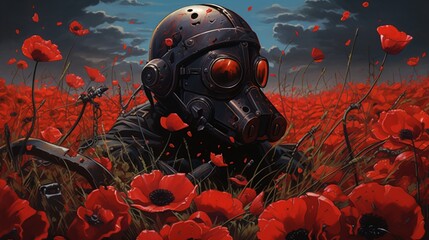 Amidst a field of vibrant poppies, a lone helmet sits forgotten. The crimson blooms create a stark contrast against the muted hues of war