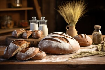 Wall Mural -  a table topped with loaves of bread next to a vase filled with wheat and a couple of other loaves of bread on top of a wooden cutting board.